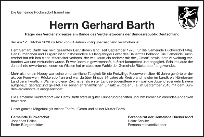  Traueranzeige für Gerhard Barth vom 17.10.2020 aus Pegnitz-Zeitung