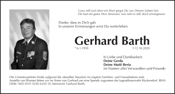 Traueranzeige von Gerhard Barth von Pegnitz-Zeitung