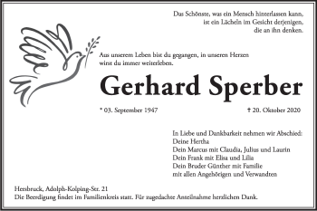 Traueranzeige von Gerhard Sperber von Hersbrucker Zeitung