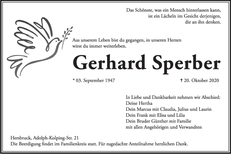  Traueranzeige für Gerhard Sperber vom 24.10.2020 aus Hersbrucker Zeitung