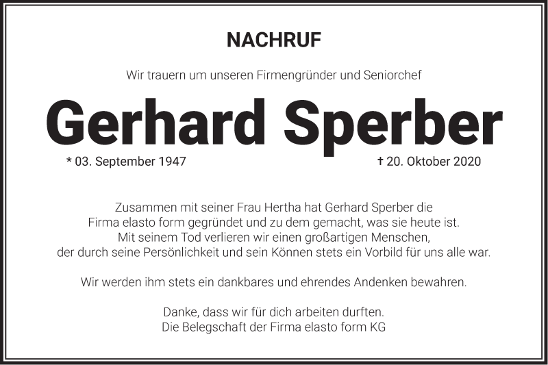  Traueranzeige für Gerhard Sperber vom 24.10.2020 aus Hersbrucker Zeitung