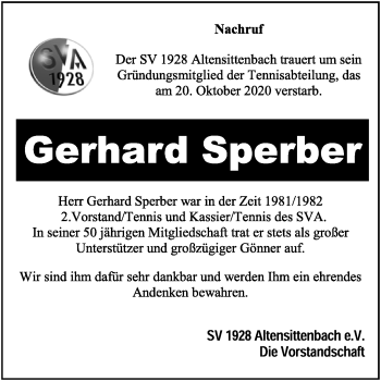 Traueranzeige von Gerhard Sperber von Hersbrucker Zeitung