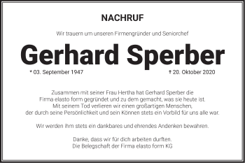 Traueranzeige von Gerhard Sperber von Hersbrucker Zeitung
