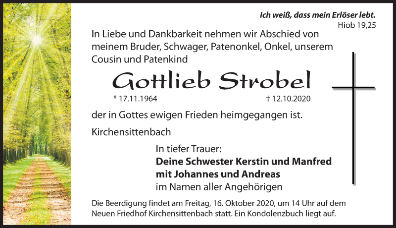  Traueranzeige für Gottlieb Strobel vom 14.10.2020 aus Hersbrucker Zeitung