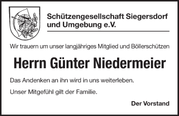 Traueranzeige von Günter Niedermeier von Pegnitz-Zeitung