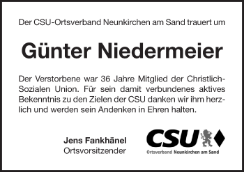 Traueranzeige von Günter Niedermeier von Pegnitz-Zeitung