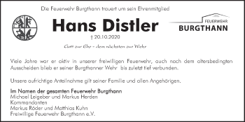 Traueranzeige von Hans Distler von Der Bote