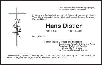 Traueranzeige von Hans Distler von Der Bote