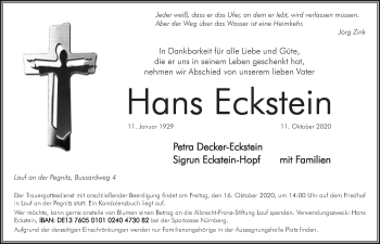 Traueranzeige von Hans Eckstein von Pegnitz-Zeitung