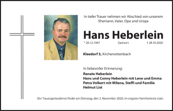 Traueranzeige von Hans Heberlein von Hersbrucker Zeitung