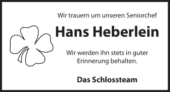 Traueranzeige von Hans Heberlein von Hersbrucker Zeitung