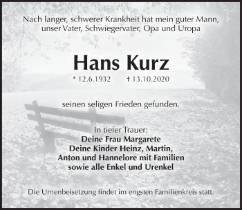 Traueranzeige von Hans Kurz von Pegnitz-Zeitung