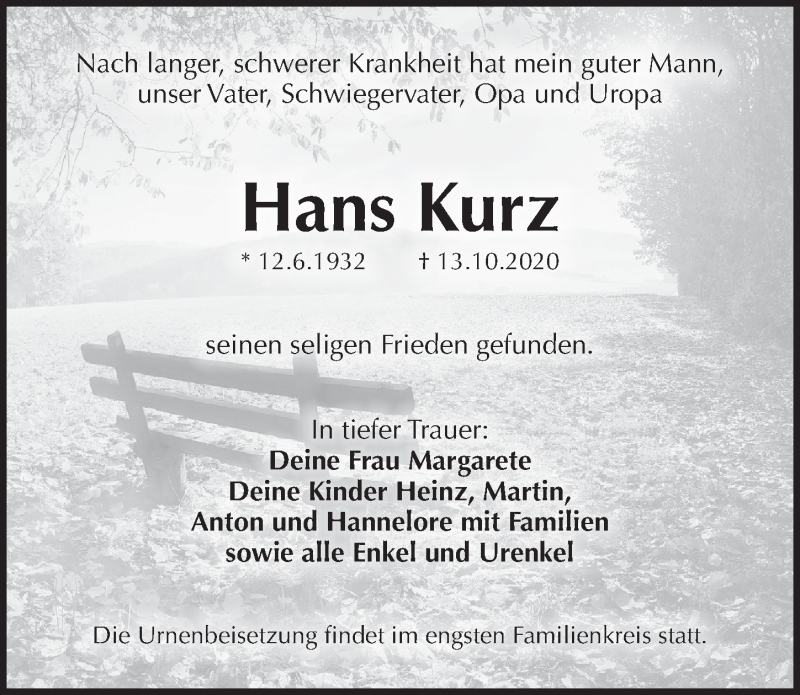  Traueranzeige für Hans Kurz vom 17.10.2020 aus Pegnitz-Zeitung