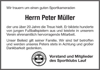 Traueranzeige von Hans Peter Müller von Pegnitz-Zeitung