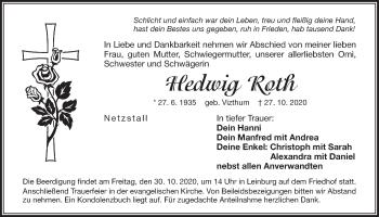 Traueranzeige von Hedwig Roth von Der Bote
