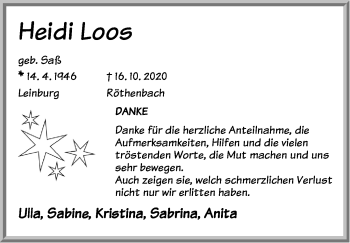 Traueranzeige von Heidi Loos von Pegnitz-Zeitung