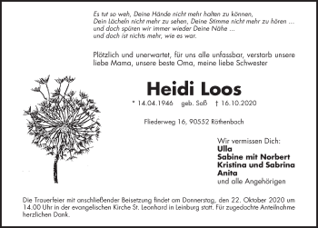 Traueranzeige von Heidi Loos von Pegnitz-Zeitung