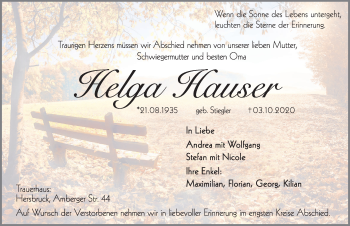 Traueranzeige von Helga Hauser von Hersbrucker Zeitung