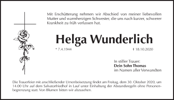 Traueranzeige von Helga Wunderlich von Pegnitz-Zeitung