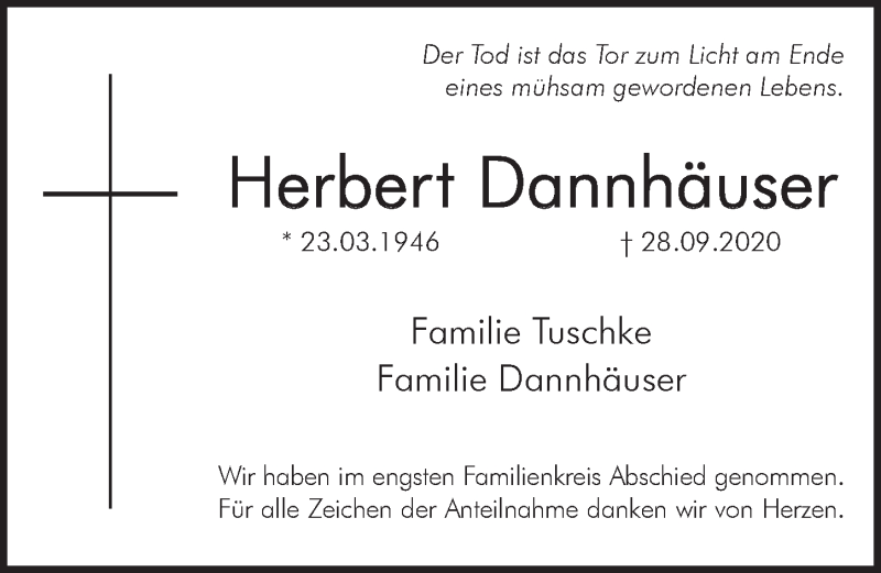  Traueranzeige für Herbert Dannhäuser vom 24.10.2020 aus Hersbrucker Zeitung
