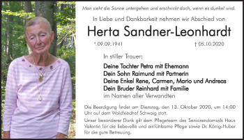 Traueranzeige von Herta Sandner-Leonhardt von Pegnitz-Zeitung