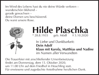 Traueranzeige von Hilde Plaschka von Pegnitz-Zeitung