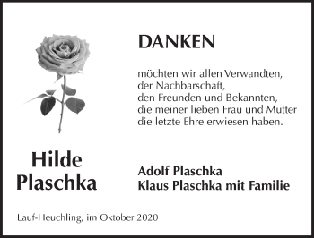 Traueranzeige von Hilde Plaschka von Pegnitz-Zeitung