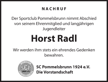Traueranzeige von Horst Radl von Hersbrucker Zeitung