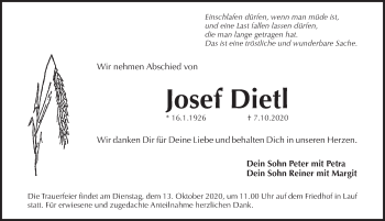 Traueranzeige von Josef Dietl von Pegnitz-Zeitung