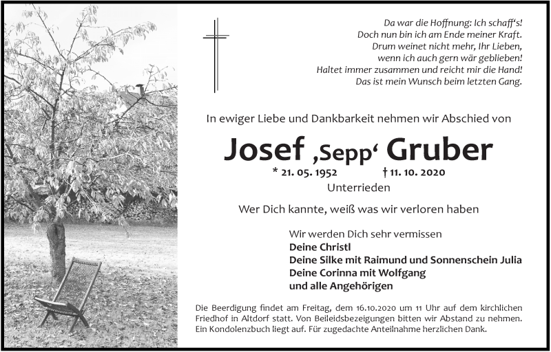  Traueranzeige für Josef Gruber vom 14.10.2020 aus Der Bote