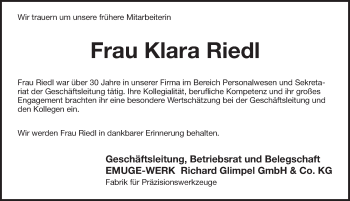 Traueranzeige von Klara Riedl von Pegnitz-Zeitung