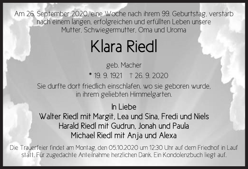  Traueranzeige für Klara Riedl vom 02.10.2020 aus Pegnitz-Zeitung