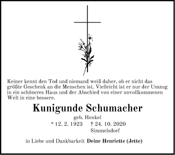 Traueranzeige von Kunigunde Schumacher von Pegnitz-Zeitung