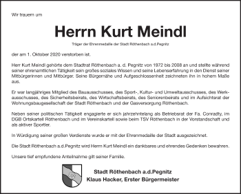 Traueranzeige von Kurt Meindl von Pegnitz-Zeitung
