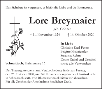 Traueranzeige von Lore Breymaier von Pegnitz-Zeitung