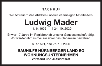 Traueranzeige von Ludwig Mader von Der Bote