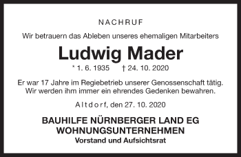 Traueranzeige von Ludwig Mader von Pegnitz-Zeitung