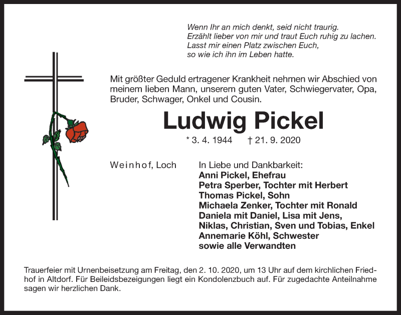  Traueranzeige für Ludwig Pickel vom 30.09.2020 aus Der Bote
