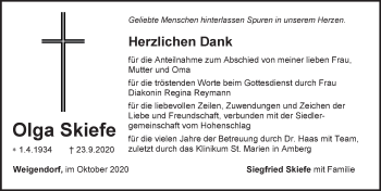 Traueranzeige von Olga Skiefe von Hersbrucker Zeitung