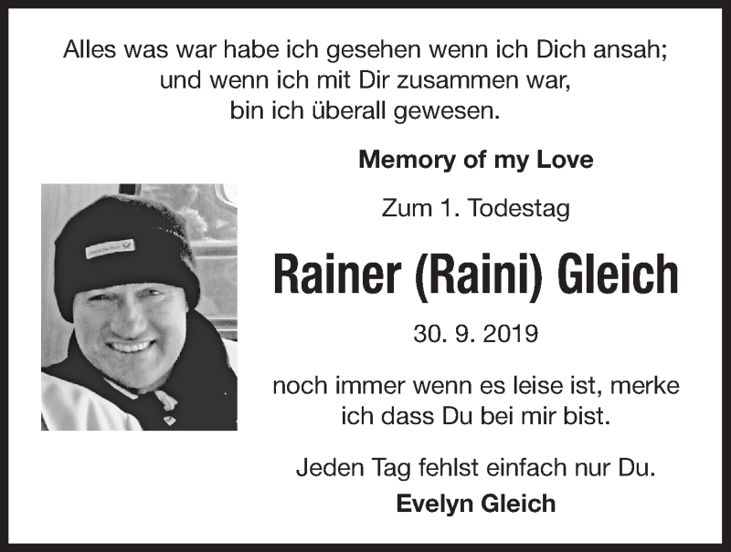  Traueranzeige für Rainer Gleich vom 30.09.2020 aus Der Bote