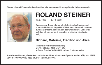 Traueranzeige von Roland Steiner von Der Bote