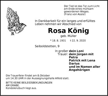 Traueranzeige von Rosa König von Hersbrucker Zeitung
