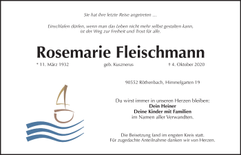 Traueranzeige von Rosemarie Fleischmann von Pegnitz-Zeitung