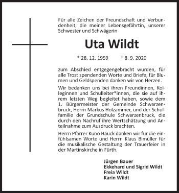 Traueranzeige von Uta Wildt von Der Bote