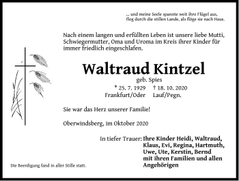 Traueranzeige von Waltraud Kintzel von Pegnitz-Zeitung