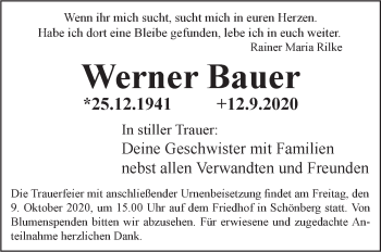 Traueranzeige von Werner Bauer von Pegnitz-Zeitung
