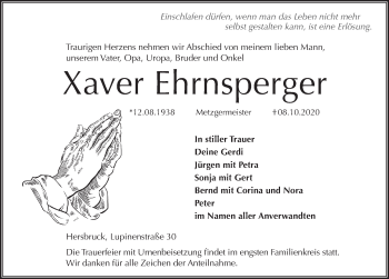 Traueranzeige von Xaver Ehrnsperger von Hersbrucker Zeitung