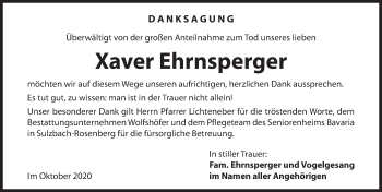 Traueranzeige von Xaver Ehrnsperger von Hersbrucker Zeitung