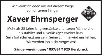 Traueranzeige von Xaver Ehrnsperger von Hersbrucker Zeitung
