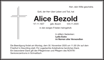Traueranzeige von Alice Bezold von Pegnitz-Zeitung